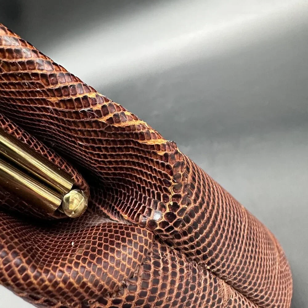 Vintage Purse Lizard Leather Handbag Lesco Mid Century Brown Gold Hardware Retro - Picture 12 of 16